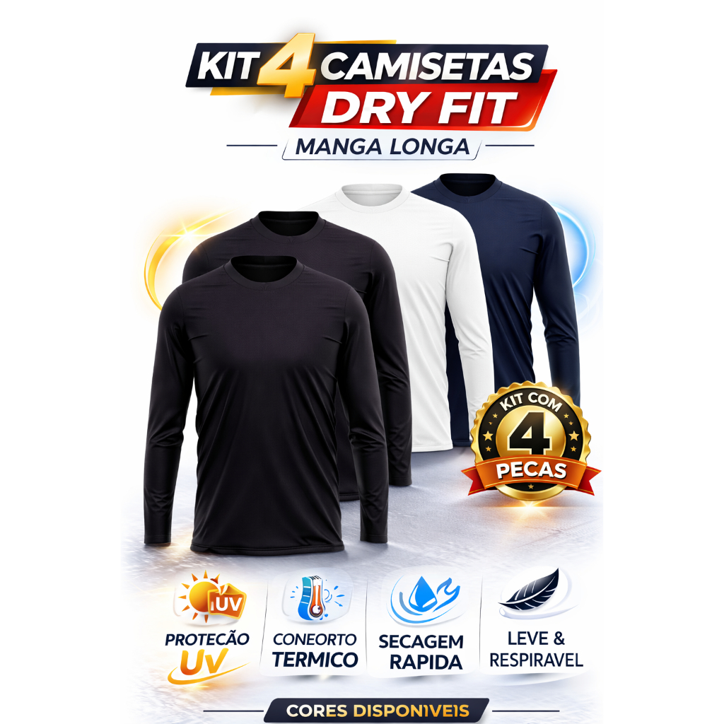 Kit 3 Camiseta Manga Longa Masculina Dry Proteção UV Básica Lisa Academia Treino