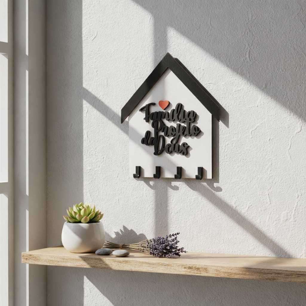 Porta Chave Organizador Madeira MDF Casinha Família Projeto de Deus