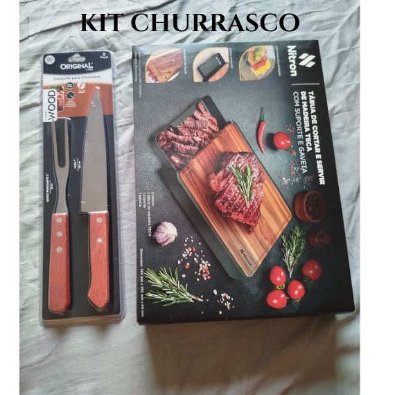 KIT CHURRASCO COMPLETO TÁBUA EM MADEIRA TECA COM SUPORTE, GAVETA + CONJUNTO FACA E GARFO TRINCHANTE