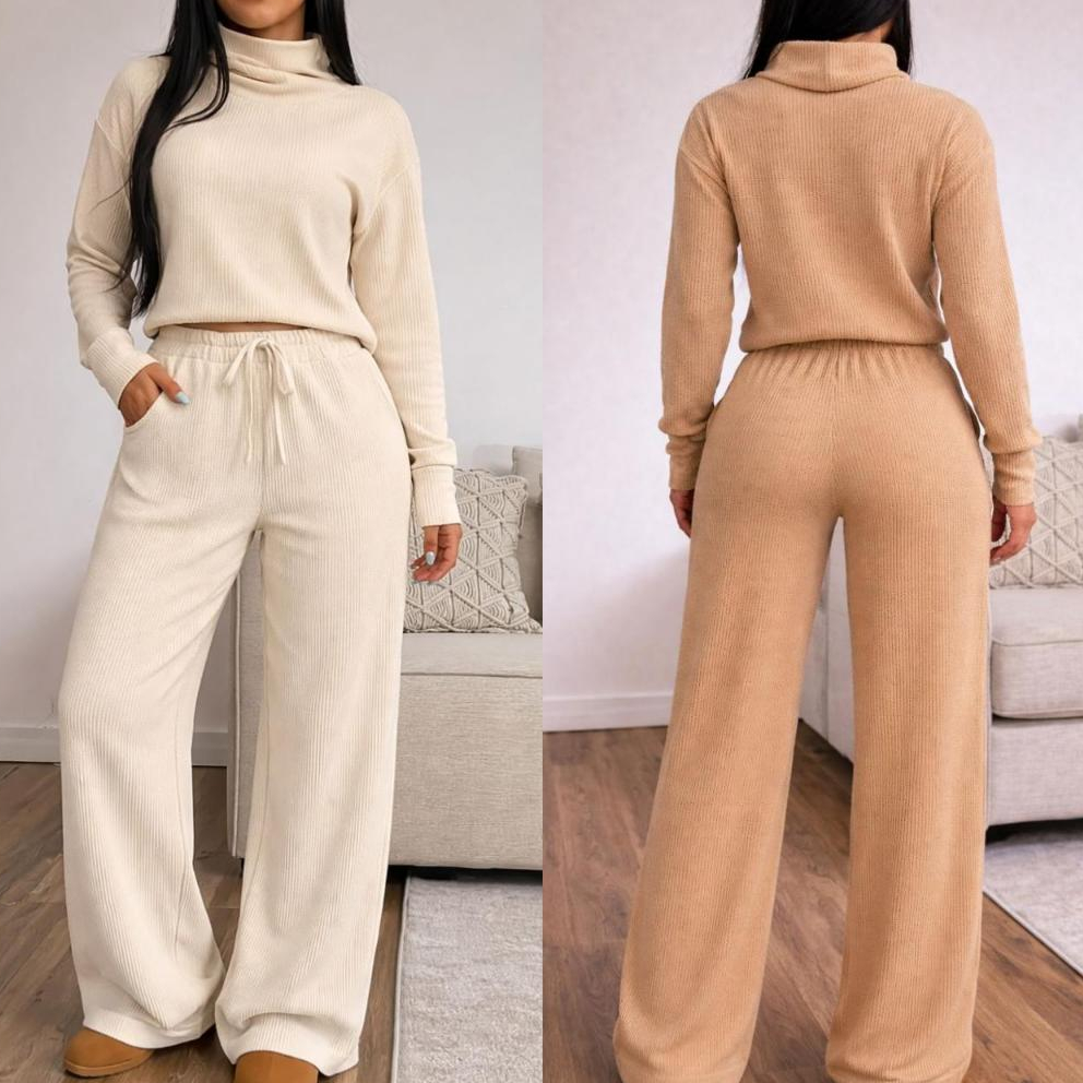 Conjunto Feminino Calça e Blusa Gola Alta com Manga Malha Importado Confortável para Inverno