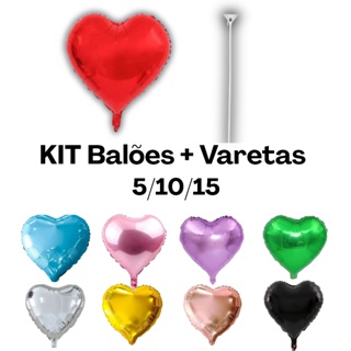 KIT COM VARETA | 5/10/15un| Balão de coração 10cm, 22cm e 45cm metalizado bexiga balões 5, 10 polegadas e 18 polegadas em Oferta na Shopee