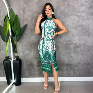 Vestido Midi Elegante Feminino com Fenda – Modela o Corpo, Não éTransparente, Ideal para festas em Oferta na Shopee