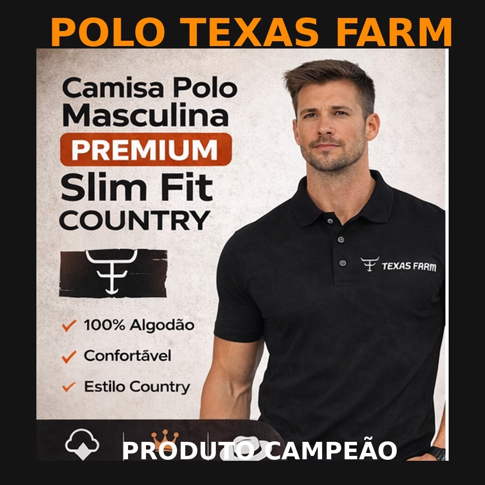Camisa Polo Masculina Texas Farm Preta Slim Fit Algodão Premium Casual Country