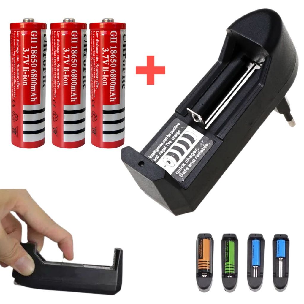 Kit Carregador + 3 Pilhas/Baterias 18650 3.7V Recarregáveis para Lanternas, Eletrônicos, Rádios em Oferta na Shopee