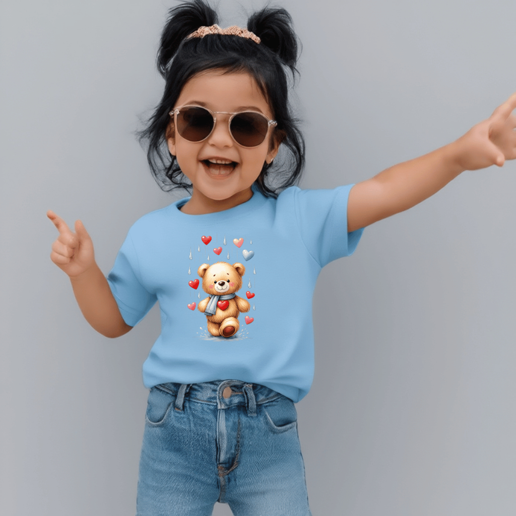 Camiseta Infantil Estampada Criança 100% Básica Manga Curta Unissex Masculina e Feminino Básica Ursinho Coração