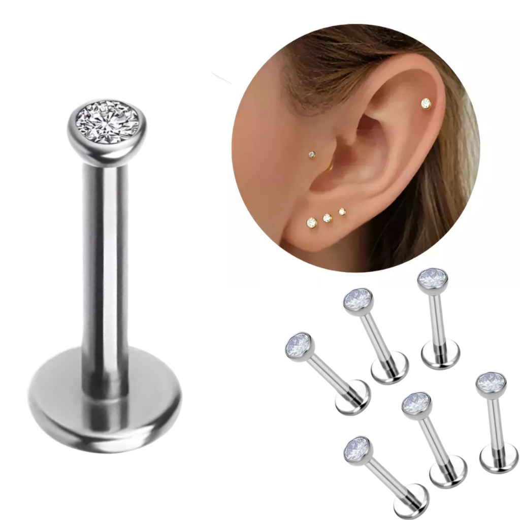 KIT 6 Piercing Titânio Ponto de Luz Zircônia Helix Conch Labret Tragus Pvd Dourado, Prata, Gold, Silver em Oferta na Shopee