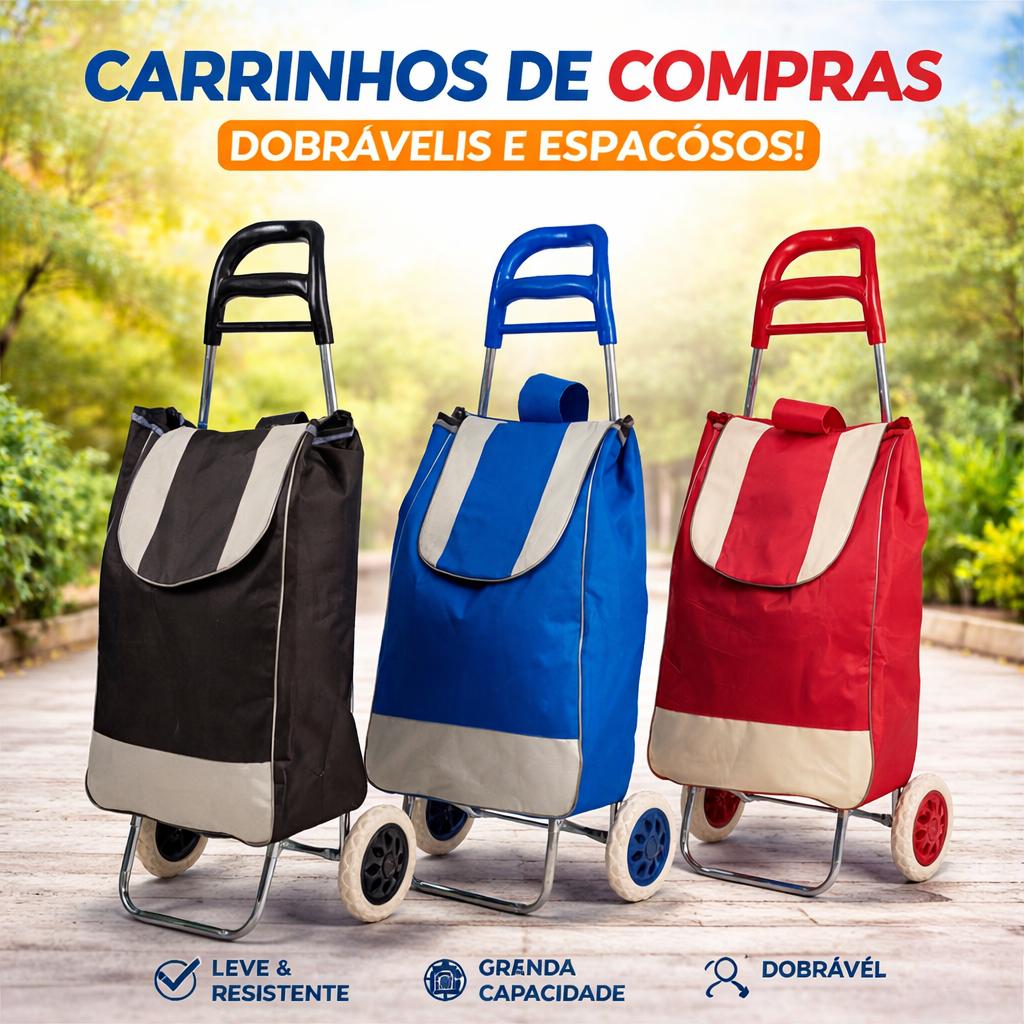 Carrinho de compra Dobrável Bolsa Multiuso Supermercado Feira Resistente Reforçado Estrutura em Aço