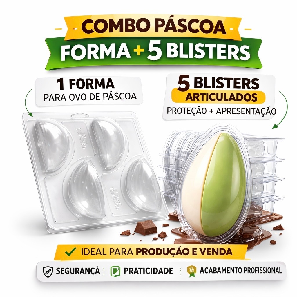 Combo Páscoa Profissional: 1 Forma para Ovo 150 g 4 Fatias + 5 Blisters Articulados em Oferta na Shopee