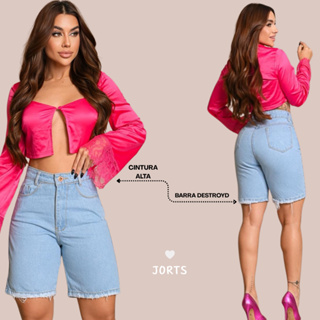 Bermuda Jorts Feminina Jeans CLARO DELAVÊ Cintura Alta Sem lycra em Oferta na Shopee