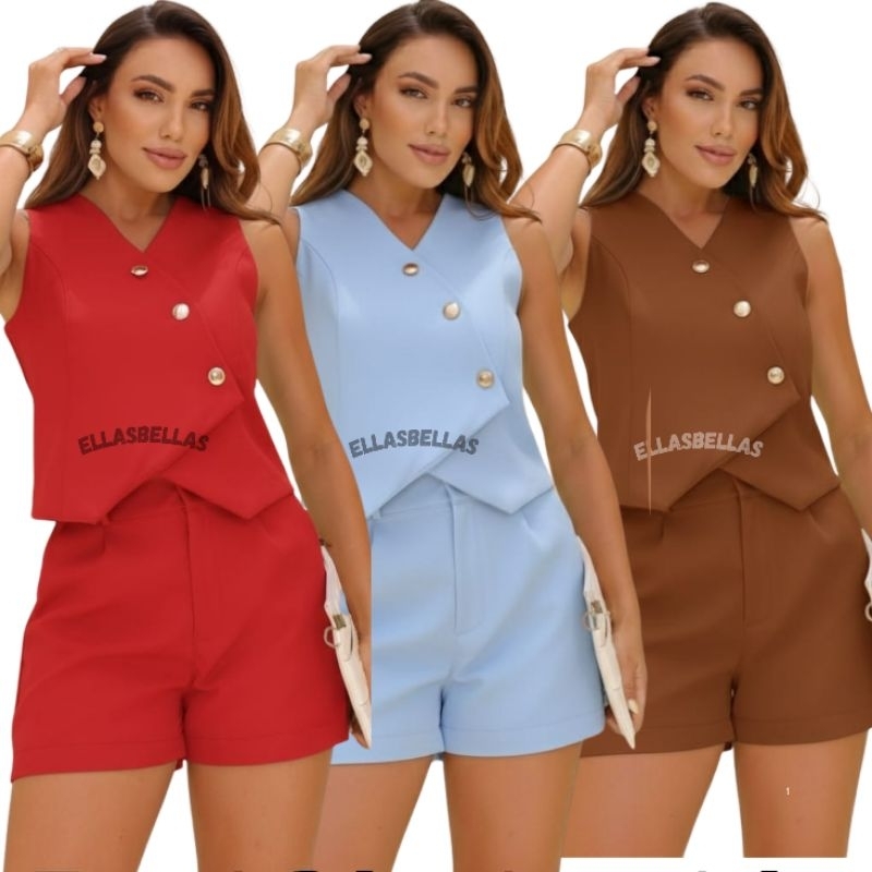 Conjunto Alfaiataria premiun Colete e short elegante  com BOTÕES DOURADO em Oferta na Shopee