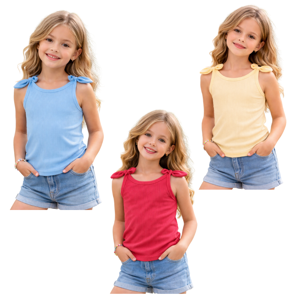 Kit 3 Blusas Regata Infantil Menina Canelada Algodão Confortável Básica Verão