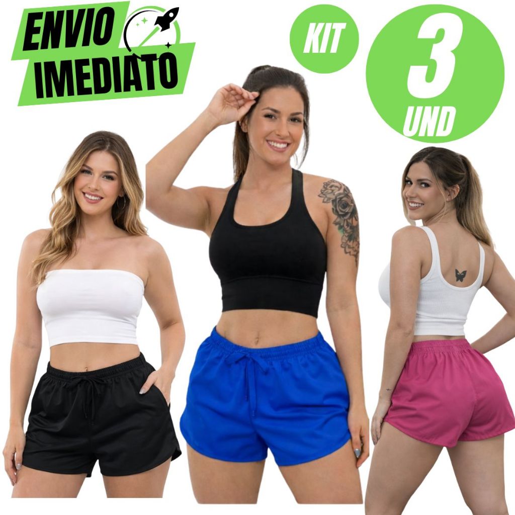Kit 3 shorts Tactel Feminino Premium Saída de praia Short de Academia Moda Verão Corrida Shortinho Casual em Oferta na Shopee