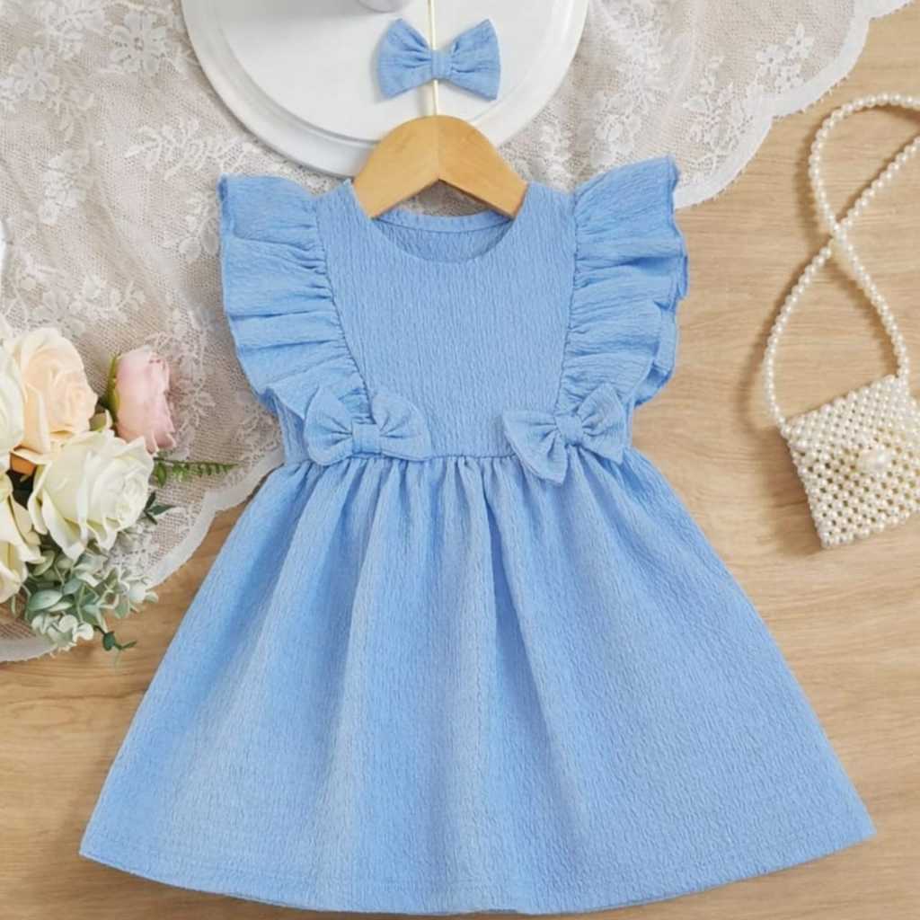 👶🎀 Vestido Azul Infantil Menina Bebê Criança com Laços + Laçinho de Cabelo | Confortável em Oferta na Shopee