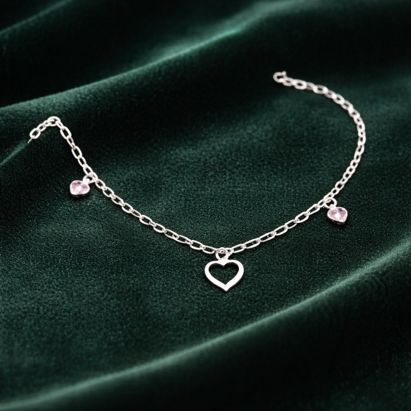 Pulseira Coração Cheio e Corações Rosa Claro em Prata 925 Legítima Feminina