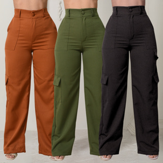 Calça Cargo  Alfaiataria Social Feminina Pantalona Bolsos Cós Alto em Oferta na Shopee