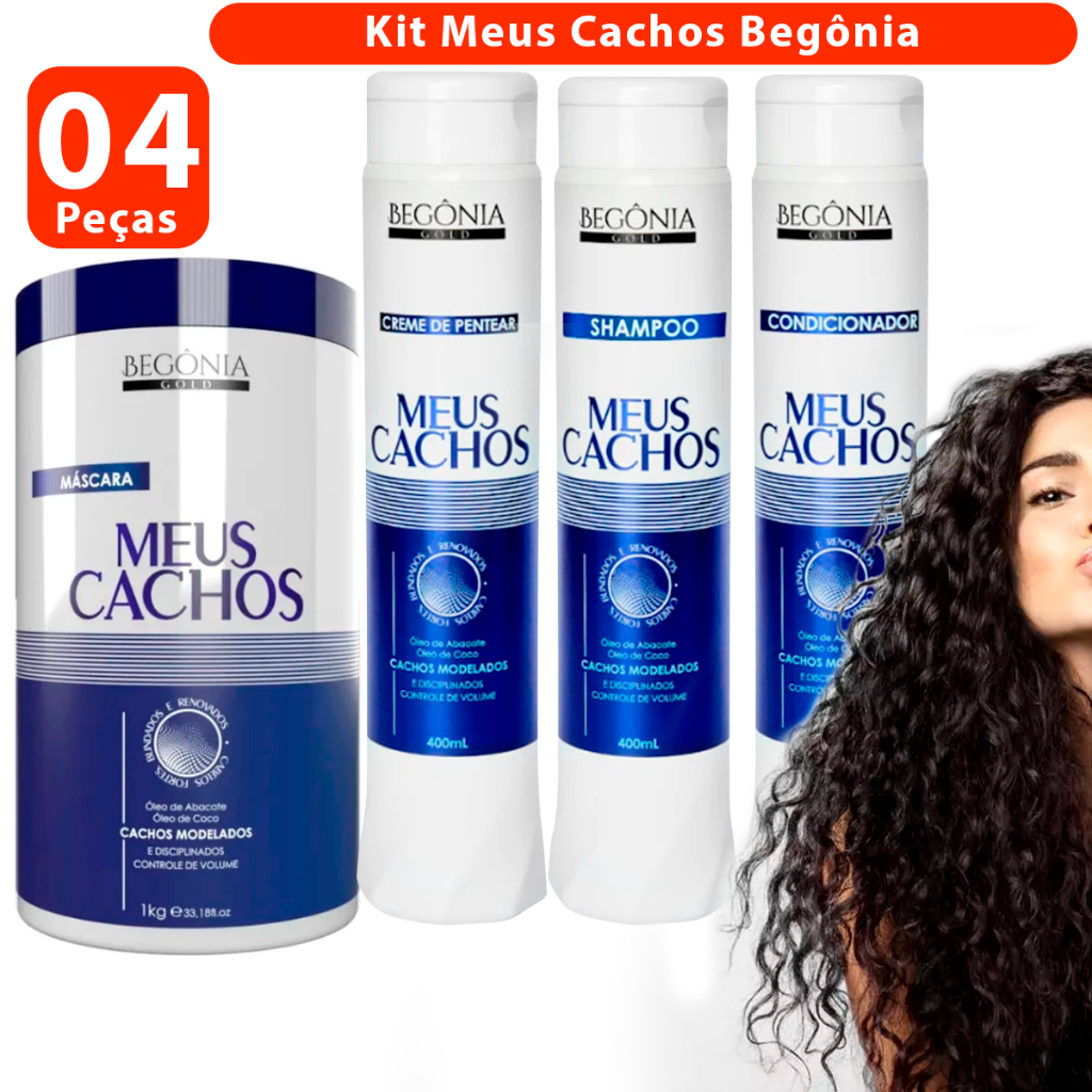 Kit jogo 4 itens para cabelo cacheados Meus Cachos Begônia  Máscara 1kg tratamento SOS cachos