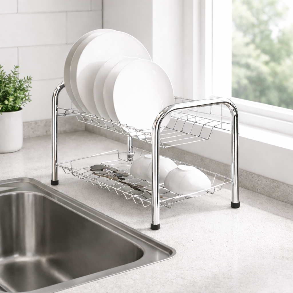 Escorredor de Pratos Duplex em Inox - Louça e Copos Organizador, Talheres Resistente Linha Luxo
