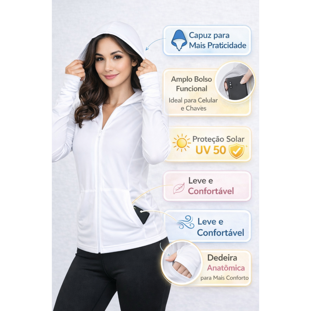 Jaqueta Feminina Dry Fit com Capuz Manga Longa Dedeira Proteção UV 50 Esportiva em Oferta na Shopee