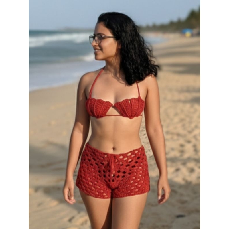 Conjunto de Crochê Top Concha e Short Feito à Mão Verão Tendência