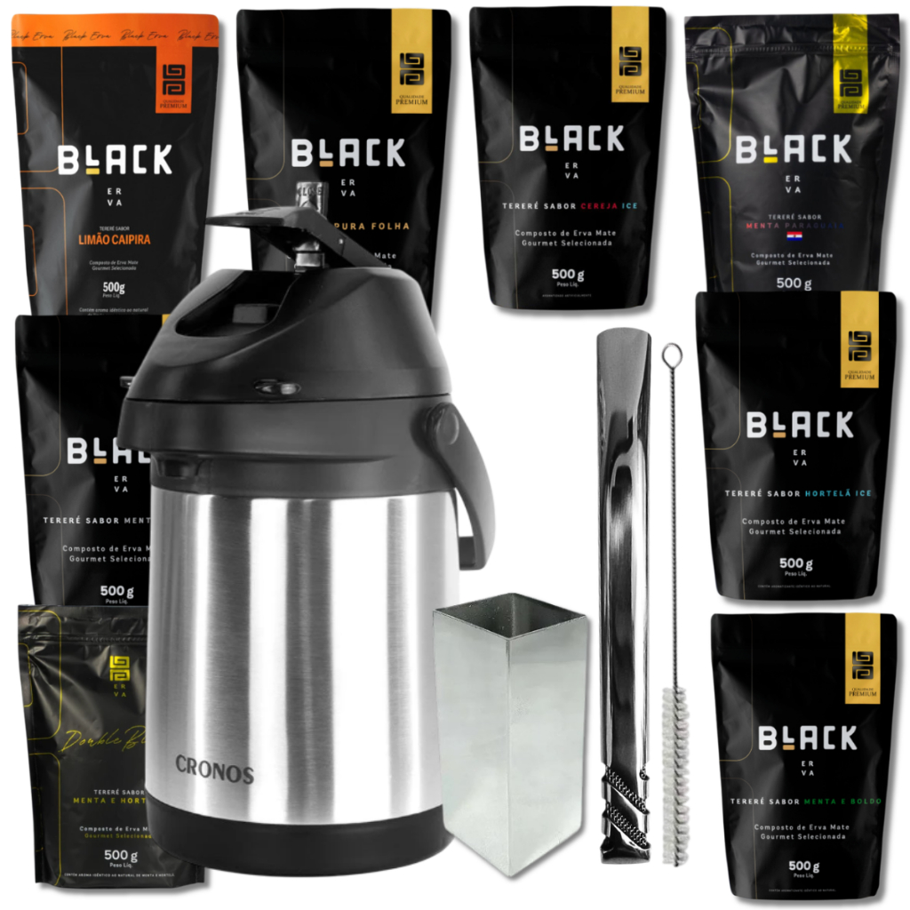 Kit Tereré Erva Black + Garrafa 3 Litros Inox + Copo 250ml Inox + Bomba V6 19cm + Erva Mate Black 500g
