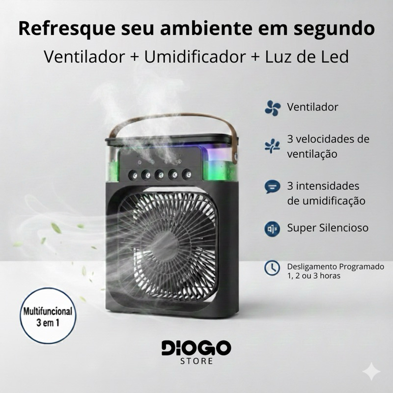 Mini Ventilador de Ar Portátil Air Cooler Fan 3 em 1 Climatizador Umidificador Tanque 600ml LED 7 cores 3 velocidades