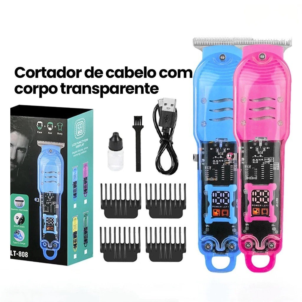 Máquina De Cortar Cabelo Profissional Smart Lcd Display Barbeador Eletrico Transparente Sem Fio Para Homens em Oferta na Shopee