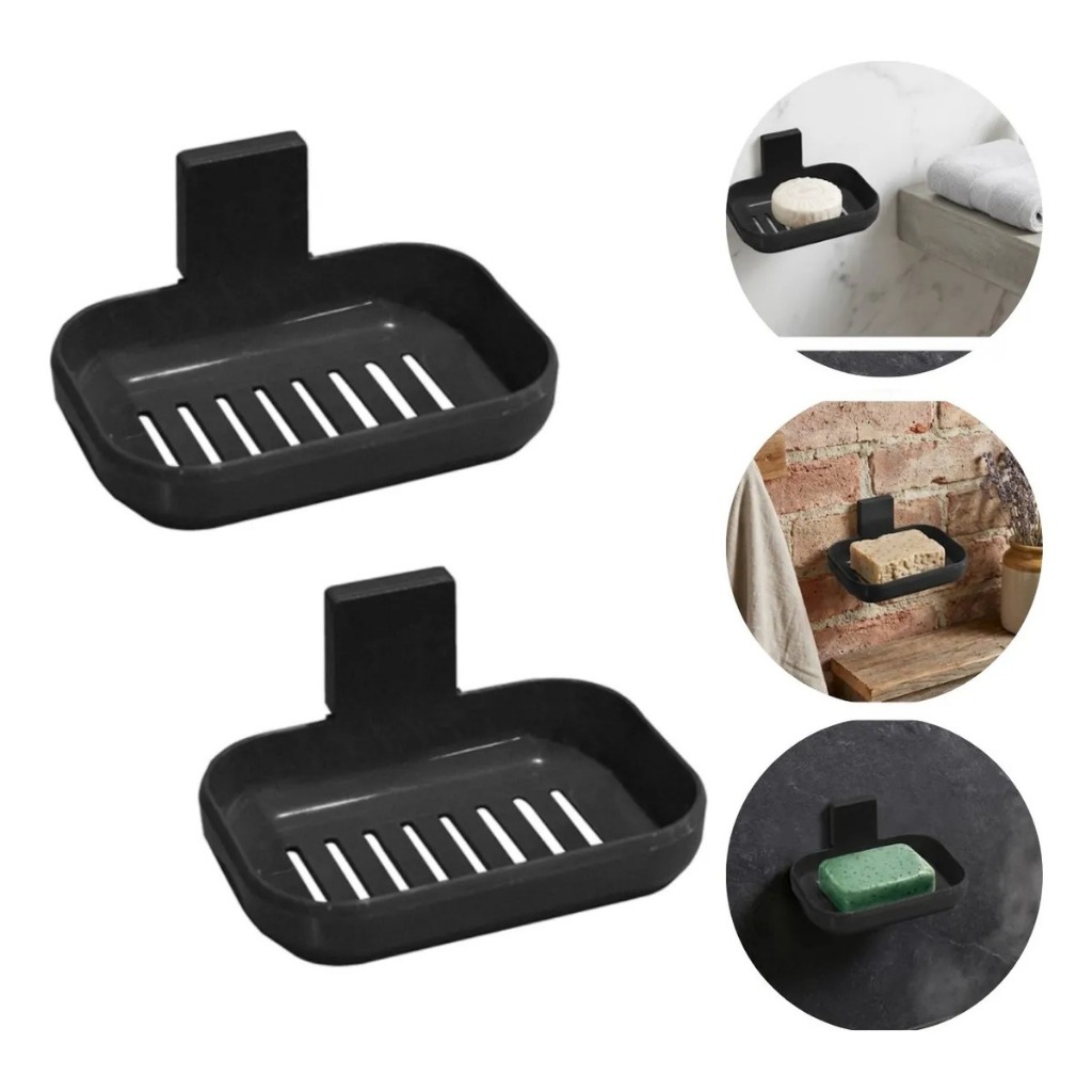 KIT com 2 Saboneteiras Com Suporte de fixação Adesivo Para Parede Preto