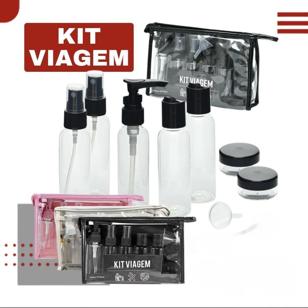 Kit 9/10 Frascos para Viagem com Bolsa Transparente – Perfume, Shampoo, Creme  Uso em Geral