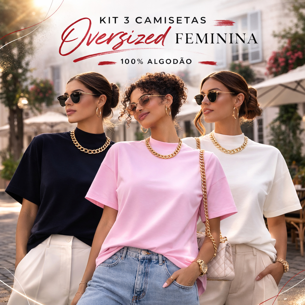 Kit 3 ou 1 Camiseta Feminina Oversized Lisa 100% Algodão Premium Gola Alta Modelagem Exclusiva em Oferta na Shopee