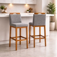 1 Banqueta Alta Cozinha Bancada Balcão Estofada Confortavel Premium Encosto Madeira Banco Luxo Lyara