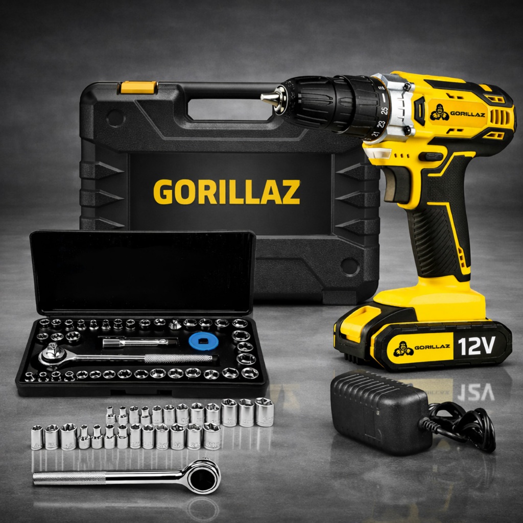 Kit Parafusadeira Furadeira 12v Mandril 3/8" Gorillaz + Jogo Ferramentas 40 Peças Soquestes Adaptador 1/4"
