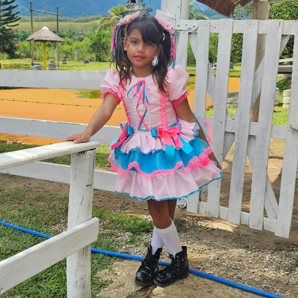 Vestido Caipira Infantil Luxo Rosa Festa Junina Menina Fantasia Junina São João Quadrilha Arraiá Rodado