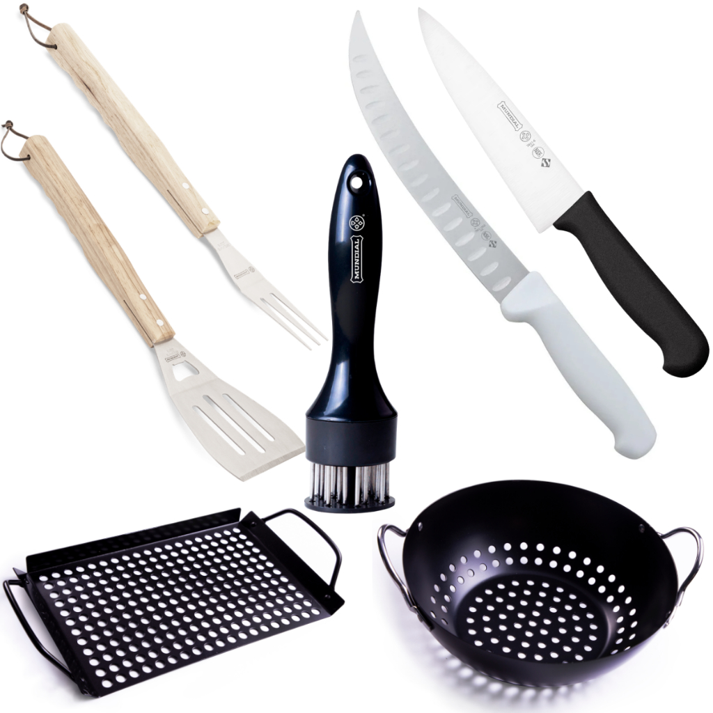 Kit de Churrasco 7 Peças Hércules Jogo de Facas Amaciador Assadeira Wok em Inox Utensílios de Cozinha