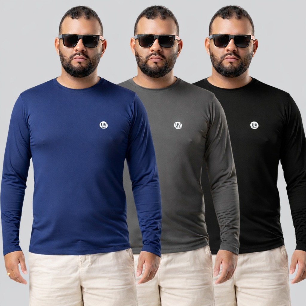 Kit 3 Camisas Segunda Pele Térmica UV50 Dry Fit Proteção Solar Academia Corrida Motoboy