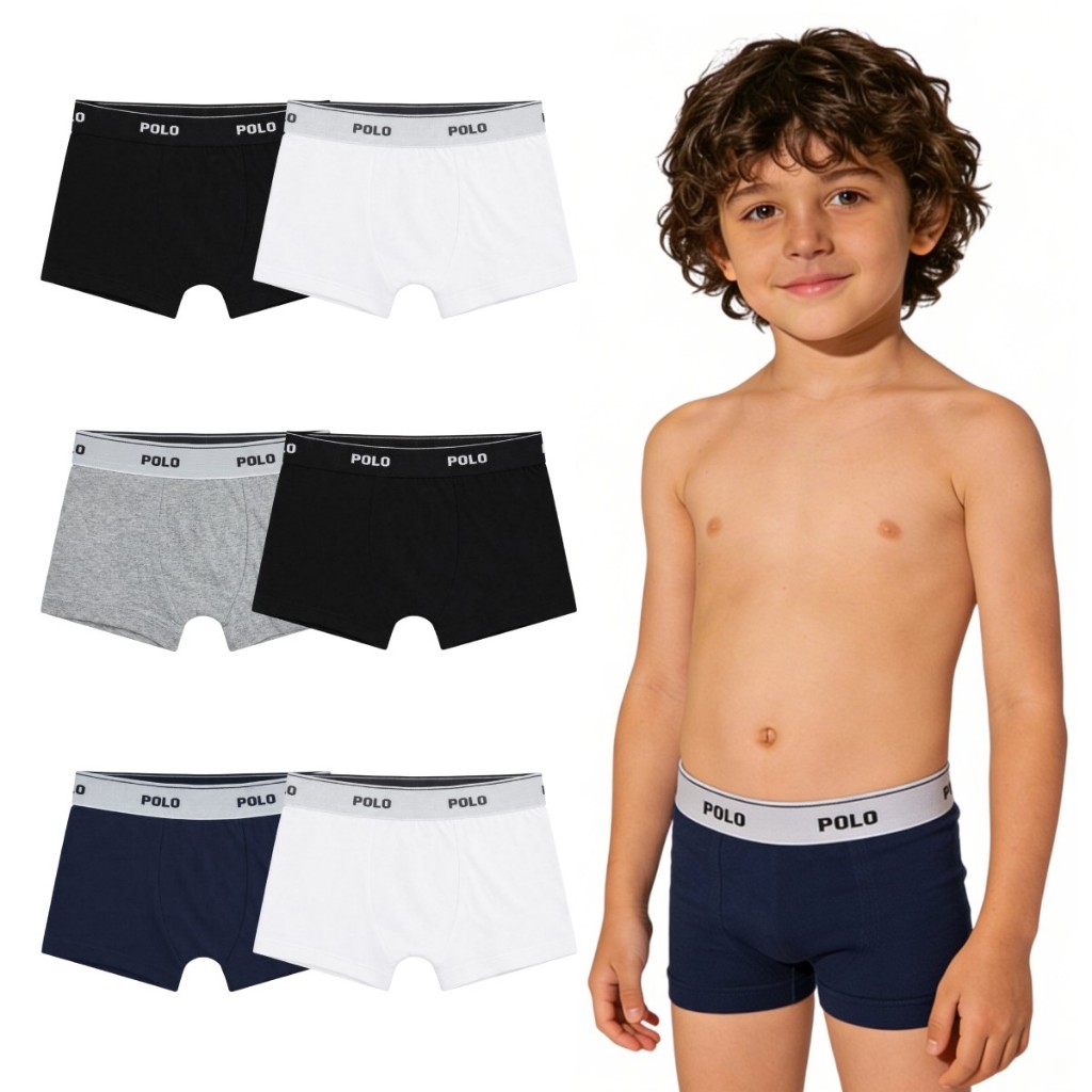 Kit 6 Cuecas Boxer Infantil Polo Cotton 100% Algodão Forro Duplo Confortável em Oferta na Shopee