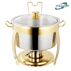 YESOP Rechaud Redondo Banho Maria Inox 8 Litros Luxo Dourado Tampa De Vidro Para Buffet E Festas