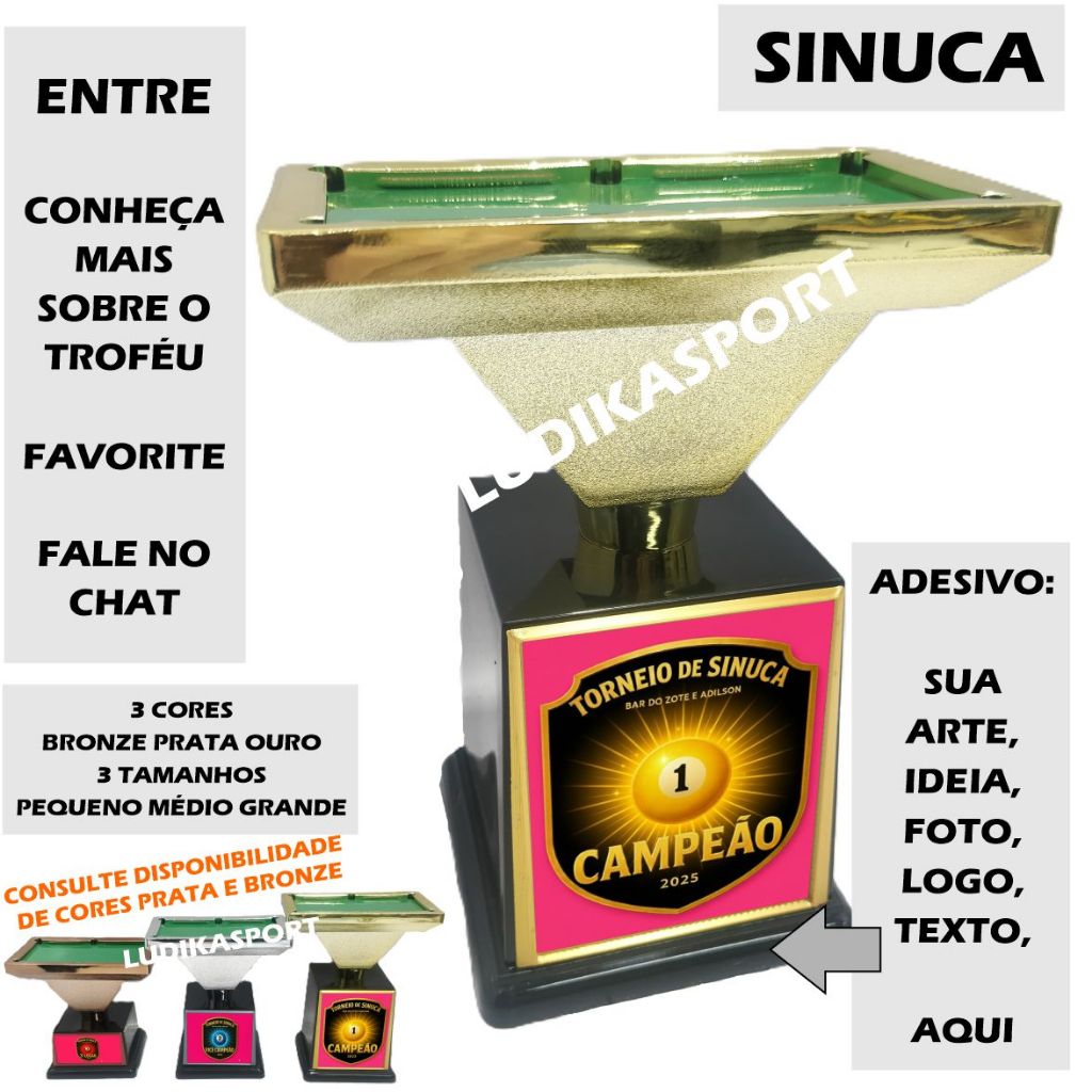 1 a 5 Troféu Sinuca Mesa Ouro15cm/ Prata13cm/ Bronze11cm/ BV456 {Personalizo} Kit ou Unitário