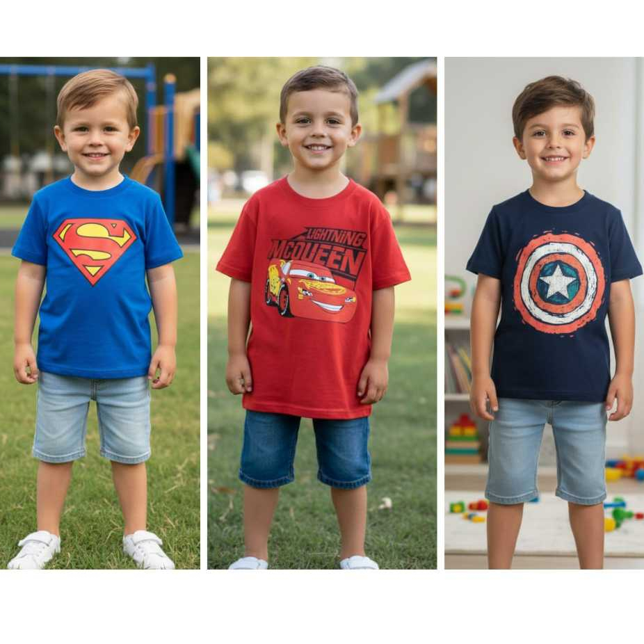 Kit 3 Camiseta Infantil Personagem Manga Curta 100% Algodão Cores e Estampas Sortidas 2 ao 8