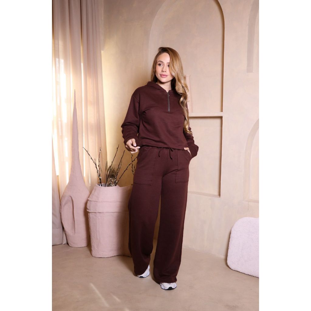 Conjunto Feminino Calça Pantalona e Blusa Zíper Frontal Capuz Moletinho Moletom Inverno Frio Casual