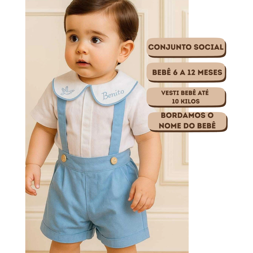 CONJUNTO  BATIZADO MENINO SOCIAL INFANTIL 6 A 12 MESES