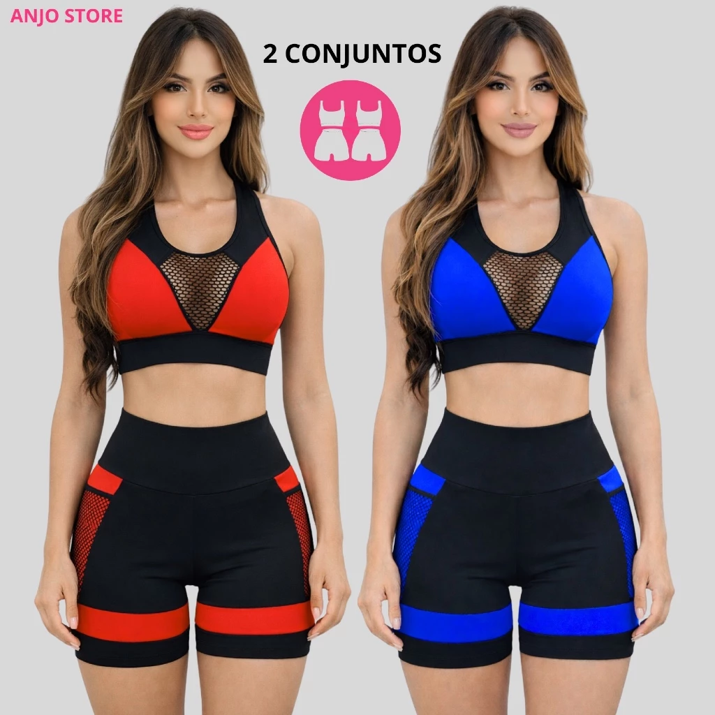 Kit 2 Conjuntos Femininos Fitness Academia Top e Short Cintura Alta com Bolso