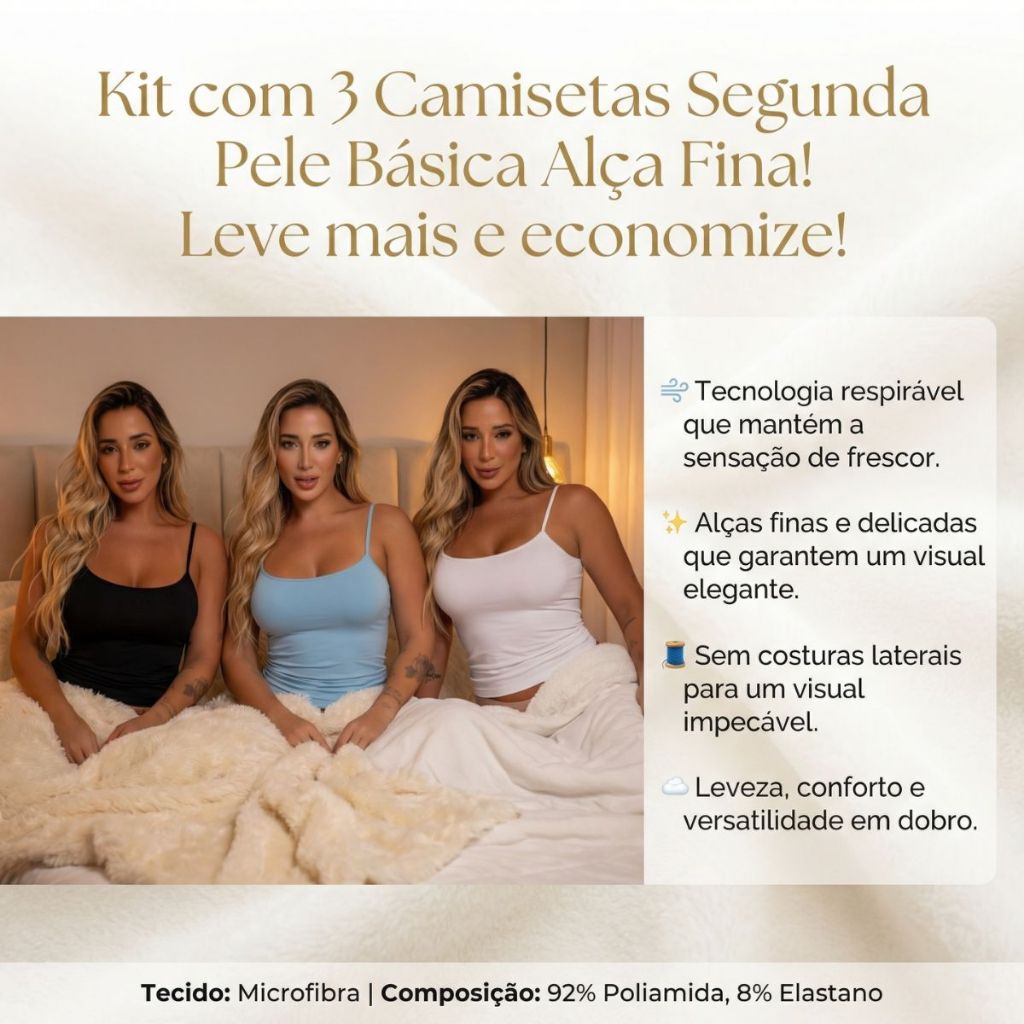 Kit 3 Regata Camiseta Segunda Pele Feminina Microfibra Poliamida Camisa Camisete Blusa Alça Fina
