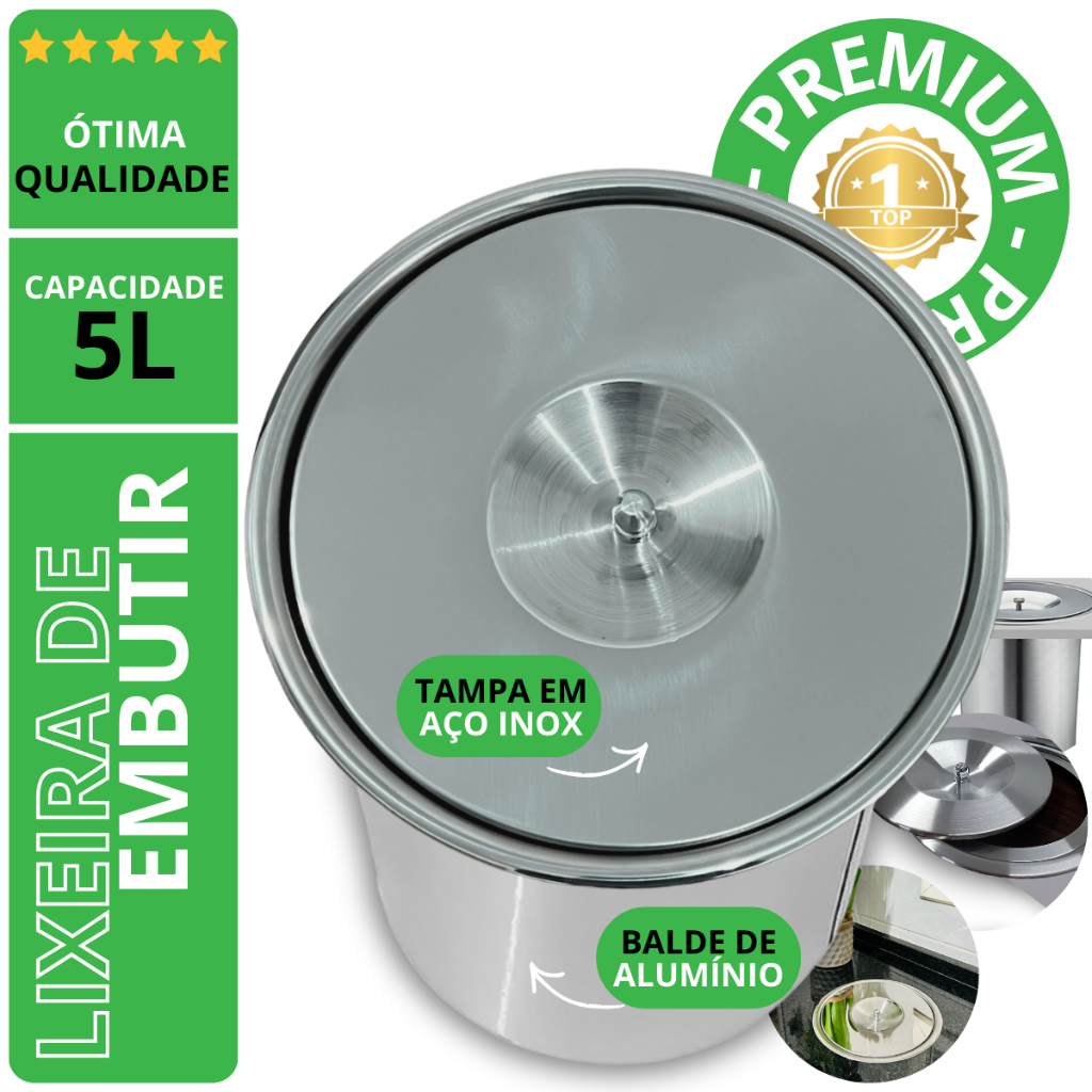 Cesto Lixeira De Embutir 5 Litros Inox Polida Brilhante Pia Bancada Banheiro Cozinha Área de Churrasco Inox em Oferta na Shopee