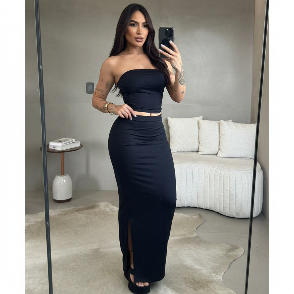 Conjunto Feminino Cropped Tomara que Caia + Saia Midi com Fenda | Look Elegante Moda Blogueira 2026