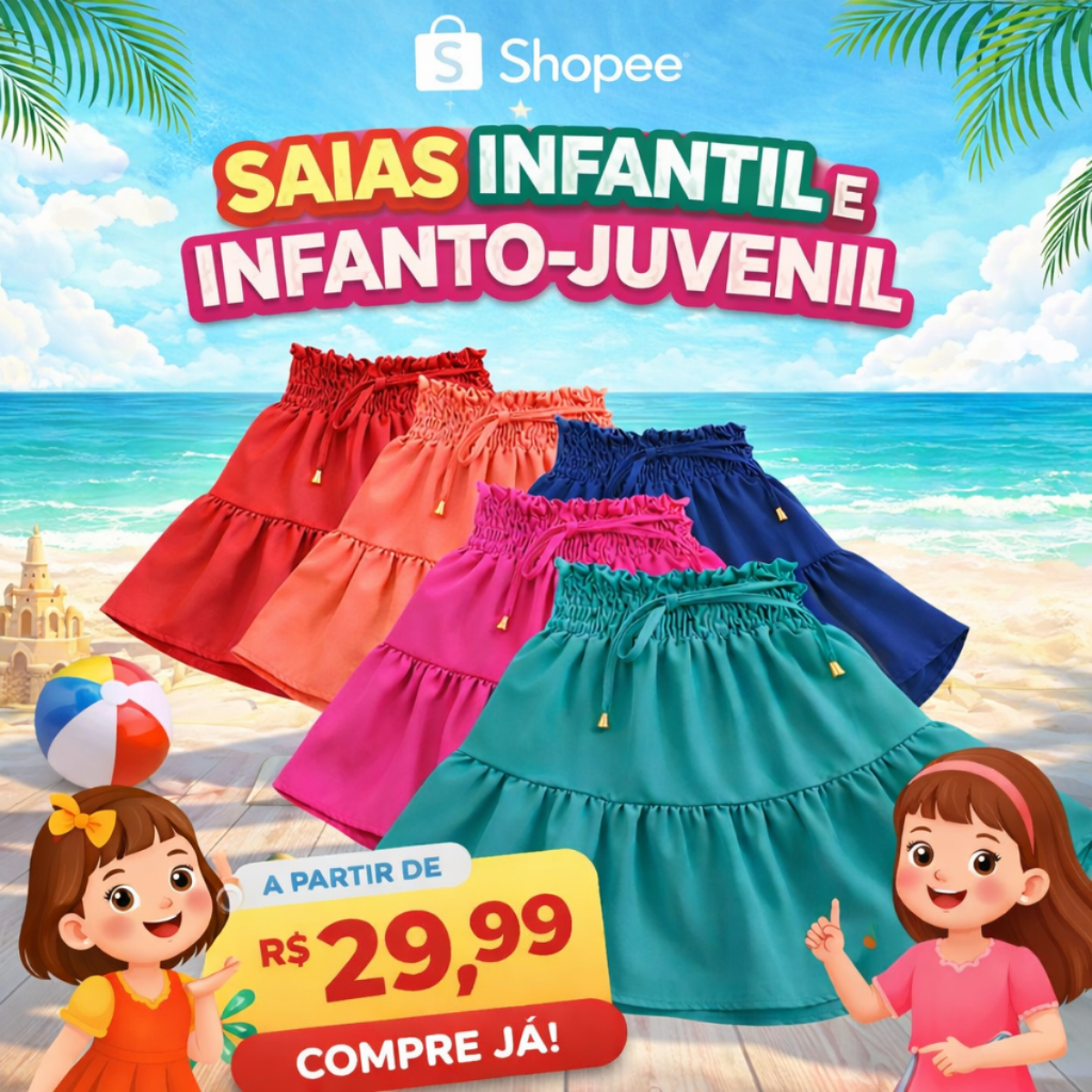 Saias infantil e infanto-juvenil com elástico na cintura, roupas para crianças e meninas adolescente