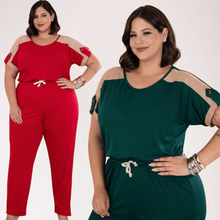 Conjunto Plus Size Feminino Longo Calça Pantalona Blusa Manga Curta Bicolor Confortável C…