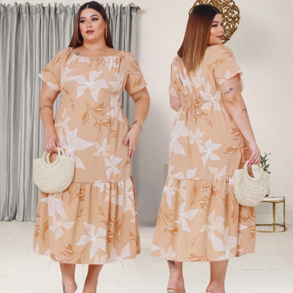 Vestido Longo Ciganinha Plus Size Ombro a Ombro Babado e Elastex na Cintura Veste 40ao52 Tecido Duna