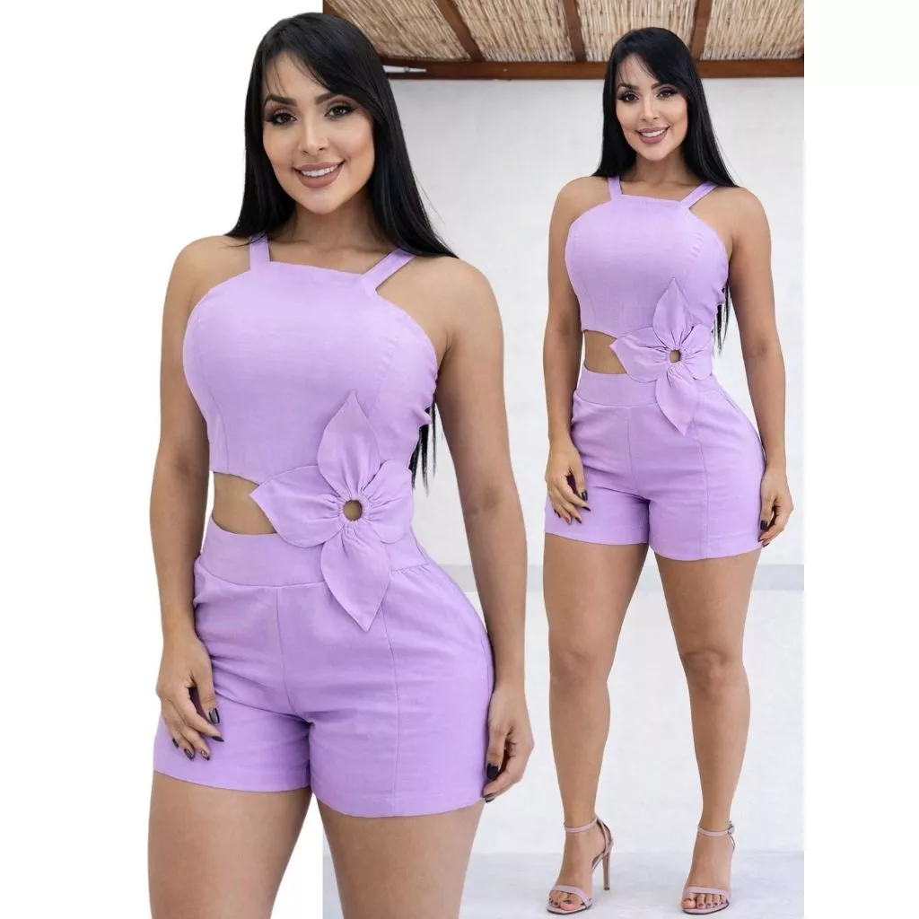 Macacão Curto Feminino Curto Flor 3D Na Cintura Elegante Casual — imagem 1