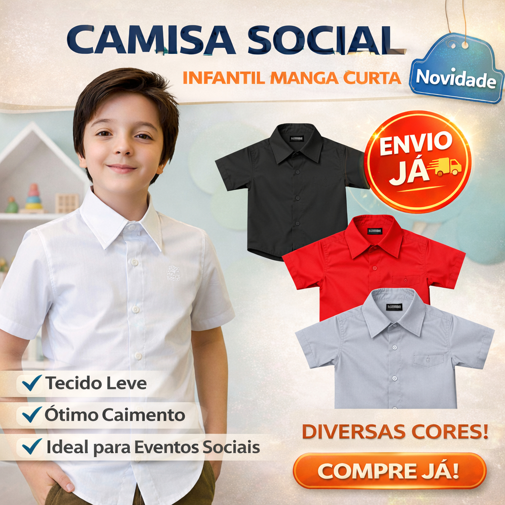 Camisa Social Infantil Branca Slim Manga Curta Menino Batizado Casamento Aniversário