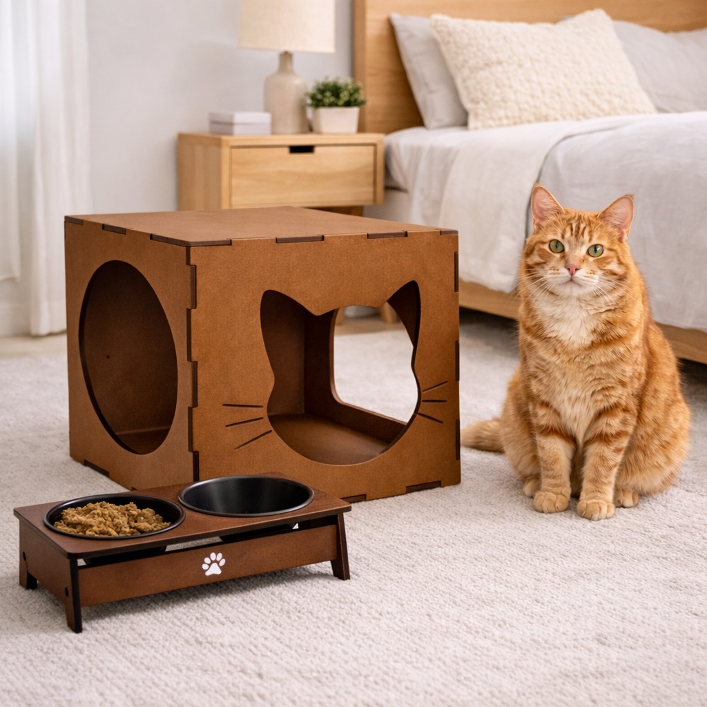 Kit Casinha de Gato + Comedouro e Bebedouro em MDF Toca de Gato Nicho com Comedouro MDF